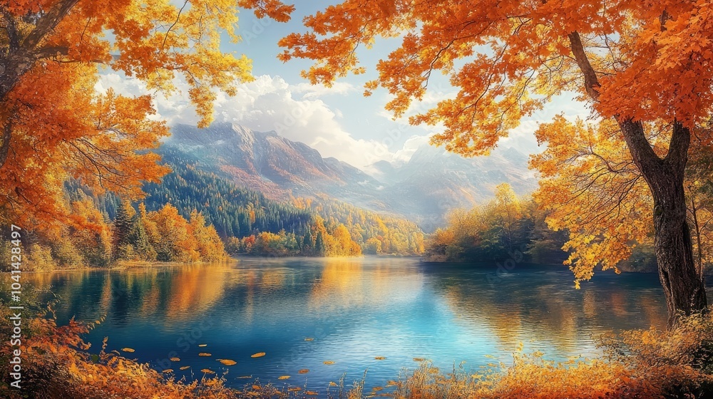 Obraz premium Autumn vista featuring a serene lake surrounded by vibrant foliage A picturesque forest landscape adorned with golden leaves during the colorful fall season