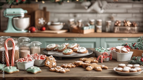 Festive decorated cookies on a wooden table in a cozy kitchen setting