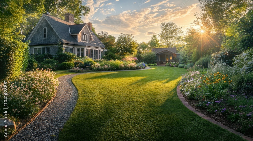 Beautiful garden landscape with a manicured lawn, winding path, and flowerbeds, golden hour light spilling over a charming home in the distance Beautiful garden landscape with a manicured lawn, winding path, and flowerbeds, golden hour light spilling over a charming home in the distance