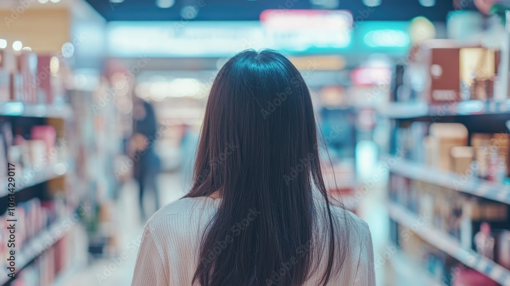 Young Asian woman seen from behind walking through the cosmetics section in a shopping center Young Asian woman seen from behind walking through the cosmetics section in a shopping center