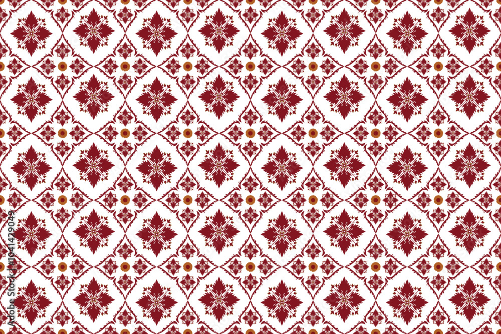 Fototapeta premium Vector seamless ikat pattern with red flowers