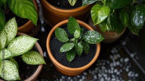 Houseplant care in spring including repotting and proper planting techniques Utilizing small pebbles hydrogranules and clay granules for effective drainage in pots photo