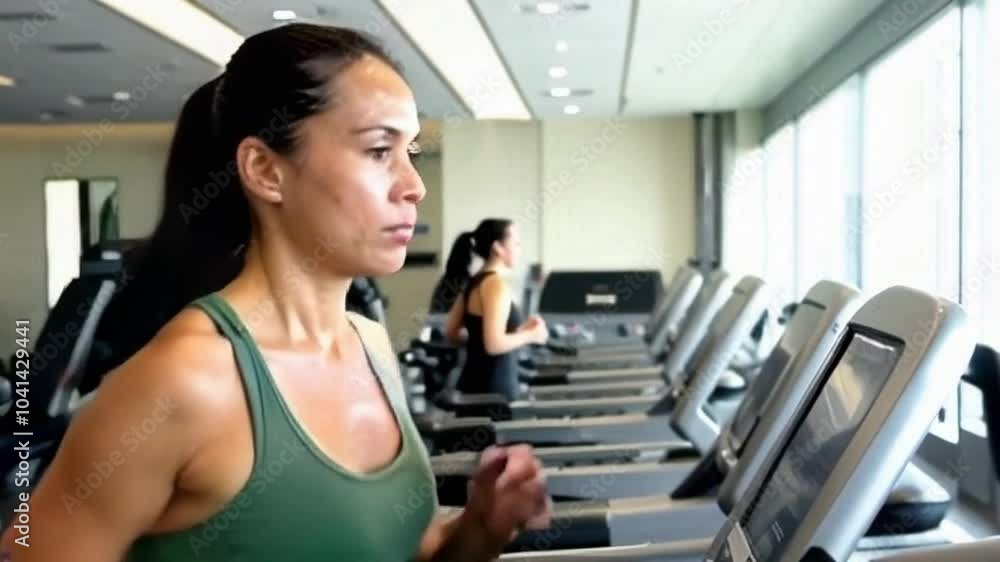 A woman is running on a treadmill in a gym. Lifestyle cocnept. A woman is running on a treadmill in a gym. Lifestyle cocnept.