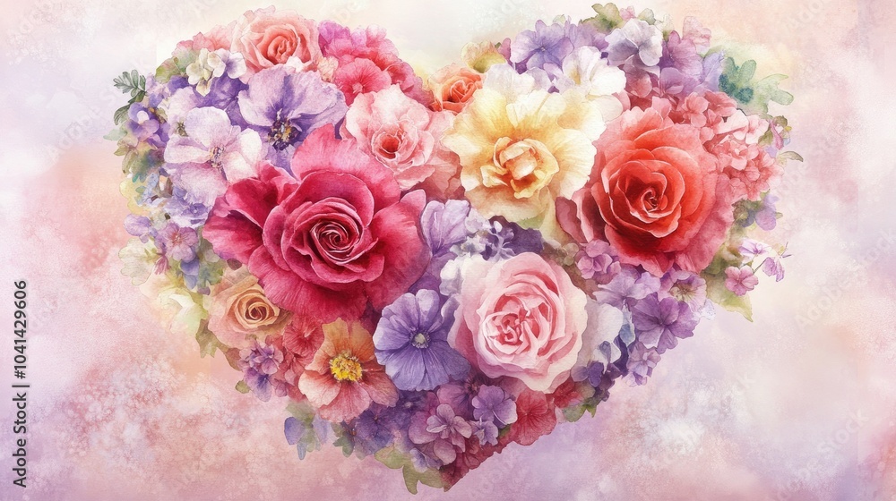 Blooming affection through an exquisite heart-shaped arrangement of pastel watercolor flowers, radiating softness and love. Blooming affection through an exquisite heart-shaped arrangement of pastel watercolor flowers, radiating softness and love.