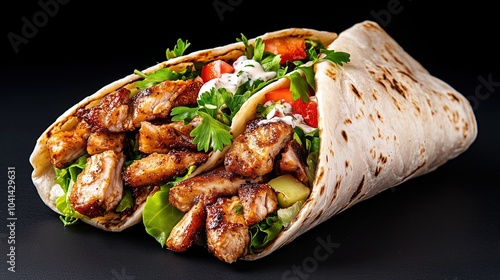 Tasty juicy gyros in pita on a black background.