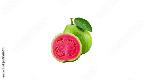 A whole green guava fruit with a single leaf attached to the stem, and half of the same guava showing its red flesh
