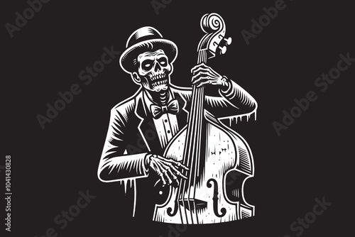 A scary zombie dead man plays the double bass. Rockabilly, Psychobilly. Black on white vector drawing print, cut out