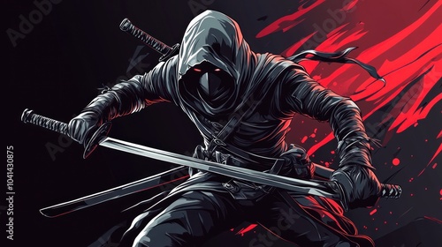 A hooded ninja warrior with two katanas, stands in a dark, red-tinged environment, poised for action.