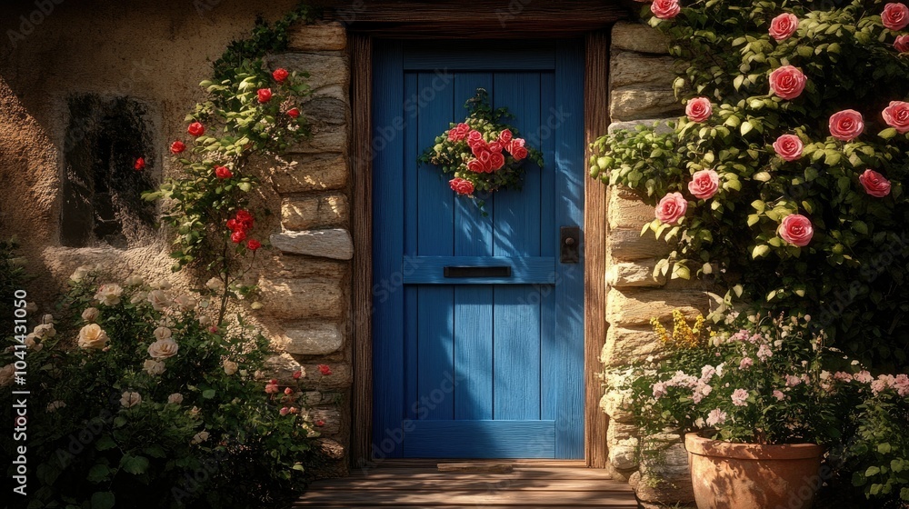 Fototapeta premium Charming cottage entry featuring a vibrant blue door, rustic stone, and delicate roses climbing gracefully around, bathed in warm sunlight.
