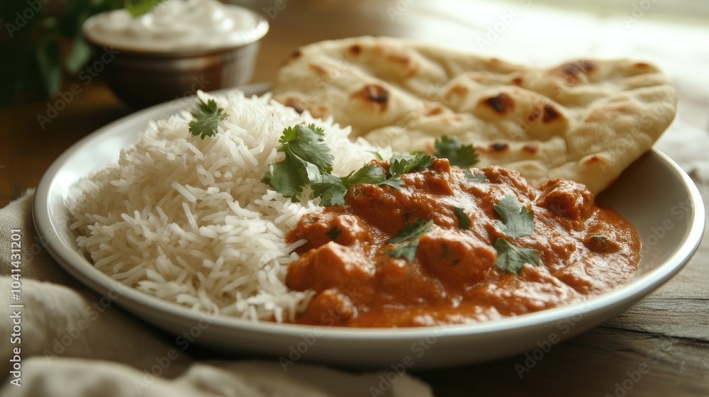Chicken tikka masala with fragrant basmati rice and warm naan, beautifully plated on a rustic wooden table for a classic Indian meal. Chicken tikka masala with fragrant basmati rice and warm naan, beautifully plated on a rustic wooden table for a classic Indian meal.