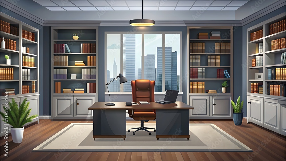 luxurious office interior, elegant wooden desk, leather chair, built-in bookshelves, large windows with city view luxurious office interior, elegant wooden desk, leather chair, built-in bookshelves, large windows with city view