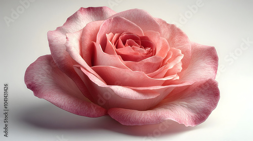 Soft and delicate pink rose blossom with elegant,velvety petals and a serene,captivating beauty. This floral closeup showcases the gentle,romantic charm of this botanical wonder.