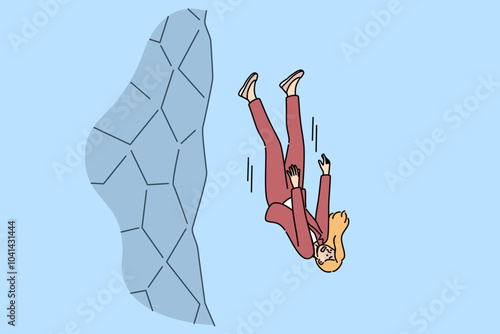 Failure of business woman falling off cliff due to risky investments and lack of insurance protection. Failure for businesswoman lost everything and risked life to receive excess profits from company
