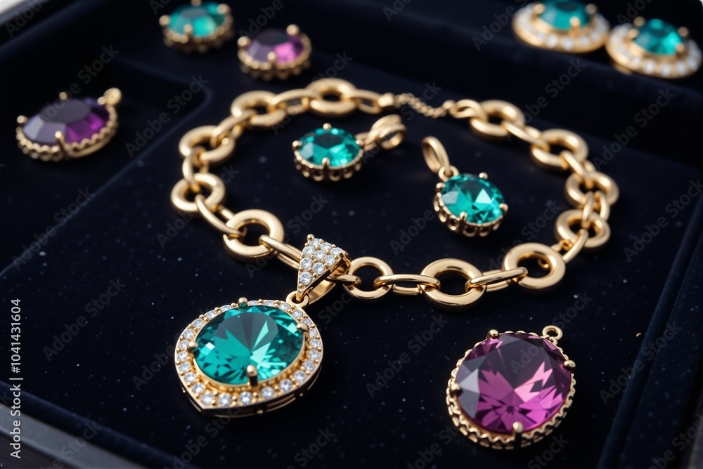 This Elegant Jewelry Set showcases Colorful Gemstones paired with luxurious Gold Accents This Elegant Jewelry Set showcases Colorful Gemstones paired with luxurious Gold Accents