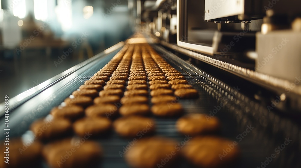 Close-up of a conveyor belt carrying rows of cookies in a modern bakery, automated machinery ensuring uniform production and consistency at every stage. Close-up of a conveyor belt carrying rows of cookies in a modern bakery, automated machinery ensuring uniform production and consistency at every stage.