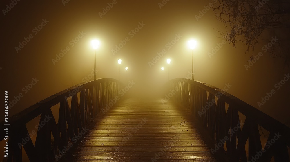 Obraz premium Foggy Bridge at Night with Illuminating Lights