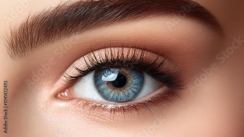 Close-up of a woman eye with soft, natural makeup, framing vibrant eye color and thick, defined lashes in a minimalist beauty fashion.