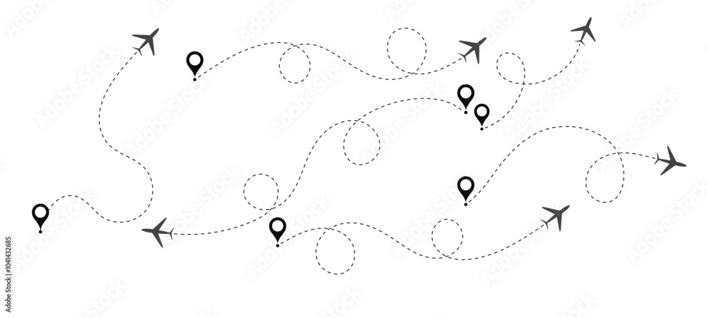 Airplane line path, Path travel dotted line trip dashed trace destination track plan and silhouette, travelling symbol vector illustration Airplane line path, Path travel dotted line trip dashed trace destination track plan and silhouette, travelling symbol vector illustration