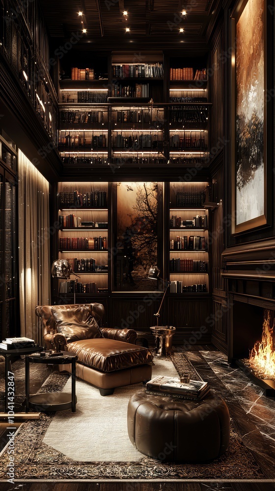 Fototapeta premium Elegant Modern Reading Nook in Luxurious Library