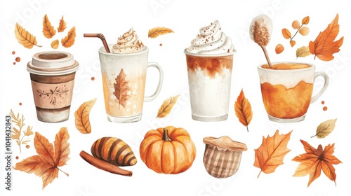 Fototapeta Naklejka Na Ścianę i Meble -  A delightful watercolor clipart set highlighting seasonal drinks like pumpkin spice lattes