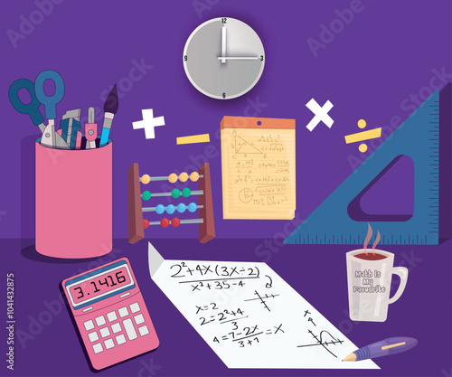 Mathematics conceptual vector illustration  Cartoon math elements and also algebra calculator