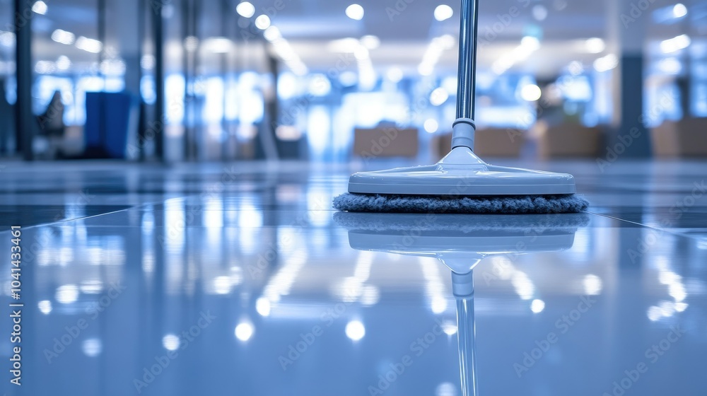 Close-up of industrial-grade mop gliding over a gleaming, polished office floor, reflecting lights from above in a pristine corporate environment. Close-up of industrial-grade mop gliding over a gleaming, polished office floor, reflecting lights from above in a pristine corporate environment.