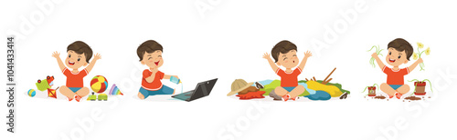 Funny Little Boy Character Playing Game and Making Mess Vector Set