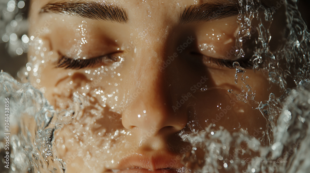 Fototapeta premium Close-up of a Model's Face with Water Droplets Splashing