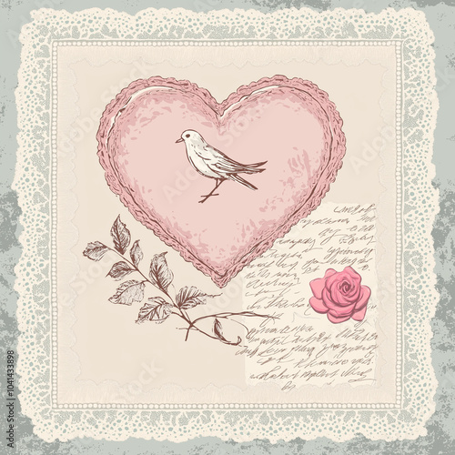 A vintage-style Valentine’s Day card illustration, delicate lace borders, pastel colors, old-fashioned love notes, romantic and nostalgic design