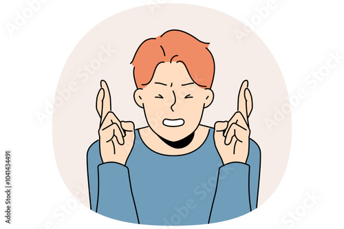 Man crosses fingers and closes eyes in hope of fulfilling wish or lucky fate. Casual superstitious guy makes wish about winning lottery or favorable circumstances for making money.