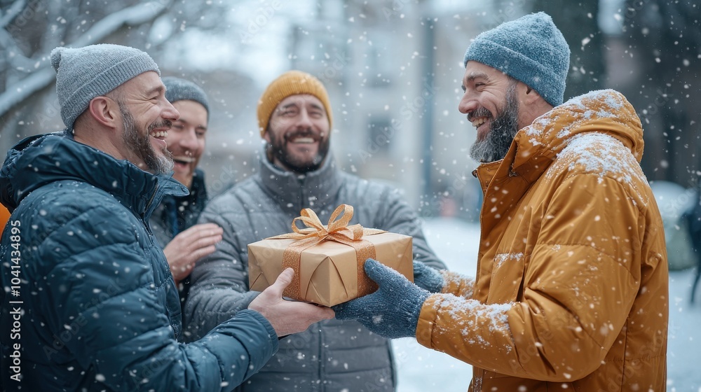 Friends exchanging gifts in a snowy winter setting, enjoying the festive atmosphere. Friends exchanging gifts in a snowy winter setting, enjoying the festive atmosphere.