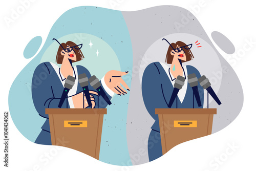 Glossphobia in woman speaking in front of audience, standing near podium with microphones