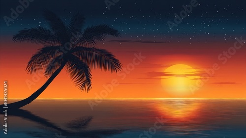 A single palm tree silhouetted against a fiery orange sunset over a tranquil ocean, with a starry night sky above.