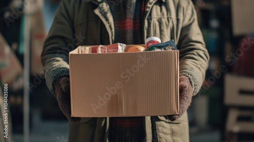 A person holds a cardboard box filled with various food items, likely for donation or distribution.