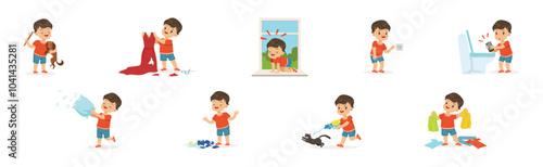 Funny Little Boy Character Playing Game and Making Mess Vector Set