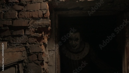 Fotografie Crazy creepy killer man dressed as clown with makeup at attic in ruined house, smiles walks through doorway