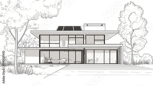 Hand drawn sketch of a modern house with large windows and solar panels on the roof.