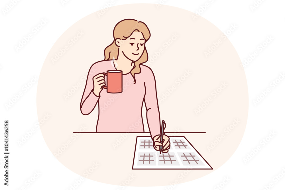 Woman solves sudoku puzzle and drinks hot tea enjoying math brain teasers. Young girl with sudoku puzzles on paper demonstrates high IQ, coping with mathematical examples with ease Woman solves sudoku puzzle and drinks hot tea enjoying math brain teasers. Young girl with sudoku puzzles on paper demonstrates high IQ, coping with mathematical examples with ease