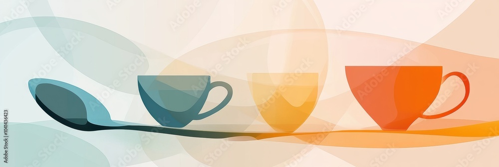 Colorful abstract shapes of a spoon and cups create a modern, minimalist aesthetic, blending harmoniously in soft tones. Generative AI Colorful abstract shapes of a spoon and cups create a modern, minimalist aesthetic, blending harmoniously in soft tones. Generative AI