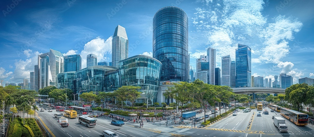 Obraz premium Cityscape with skyscrapers, traffic, and trees on a sunny day.