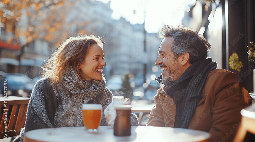 couple laughing smiling together while enjoying brunch at outdoor cafe in cozy autumn foliage season full of joy happiness, coffee orange juice dining table relationship leisure lifestyle love bonding couple laughing smiling together while enjoying brunch at outdoor cafe in cozy autumn foliage season full of joy happiness, coffee orange juice dining table relationship leisure lifestyle love bonding