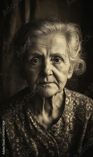 Elderly woman with wrinkles and gray hair.