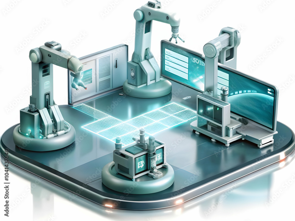 Glossy Image Factory Floor AI Robots Holographic Data Overlays Automation Concept Modern Production Metrics Copy Space Glossy Image Factory Floor AI Robots Holographic Data Overlays Automation Concept Modern Production Metrics Copy Space