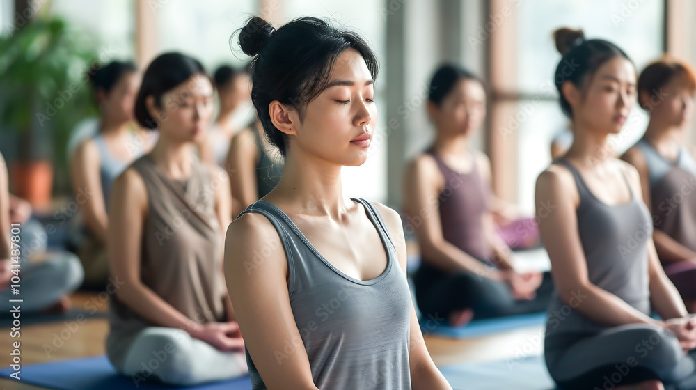 Focused Asian woman doing group meditation yoga practice mindfulness studio mat relaxation calm serene peaceful harmony peace balance, breathing exercise wellness healthy lifestyle stretching Focused Asian woman doing group meditation yoga practice mindfulness studio mat relaxation calm serene peaceful harmony peace balance, breathing exercise wellness healthy lifestyle stretching
