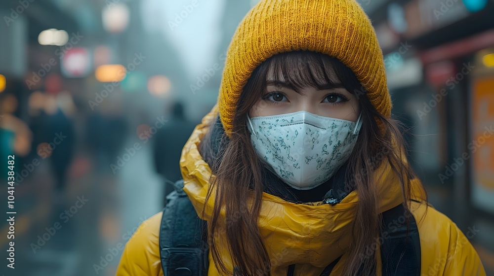 Young woman wearing a face mask while walking alone in a cold,bustling city street during the COVID-19 pandemic. She is bundled up in winter clothing,with a backpack on,showing a cautious. Young woman wearing a face mask while walking alone in a cold,bustling city street during the COVID-19 pandemic. She is bundled up in winter clothing,with a backpack on,showing a cautious.