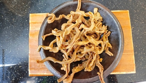 usus ayam goreng or fried chicken intestines is indonesian food. top of view. photo