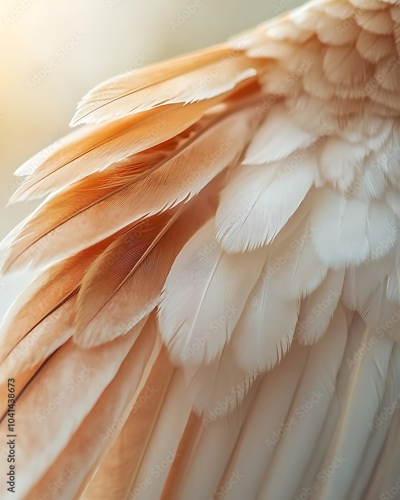 Obraz premium A close-up view of delicate feathers with soft hues, showcasing intricate details and textures of a bird's wing.