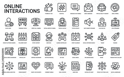 online interactions line icons set, social media communication gaming, augmented reality network