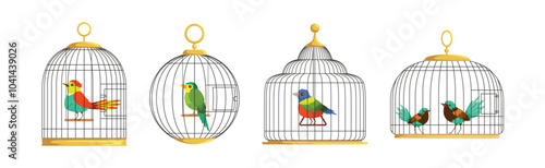 Colorful Bird Perching in Cage with Metal Wire Vector Set