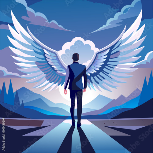 Color illustration of an angel in the form of a man with spread wings.